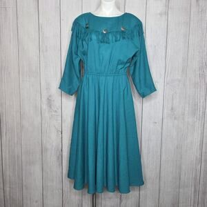 Vintage Sun Country Togs Teal Western Dress M Concho Fringe Dolman USA